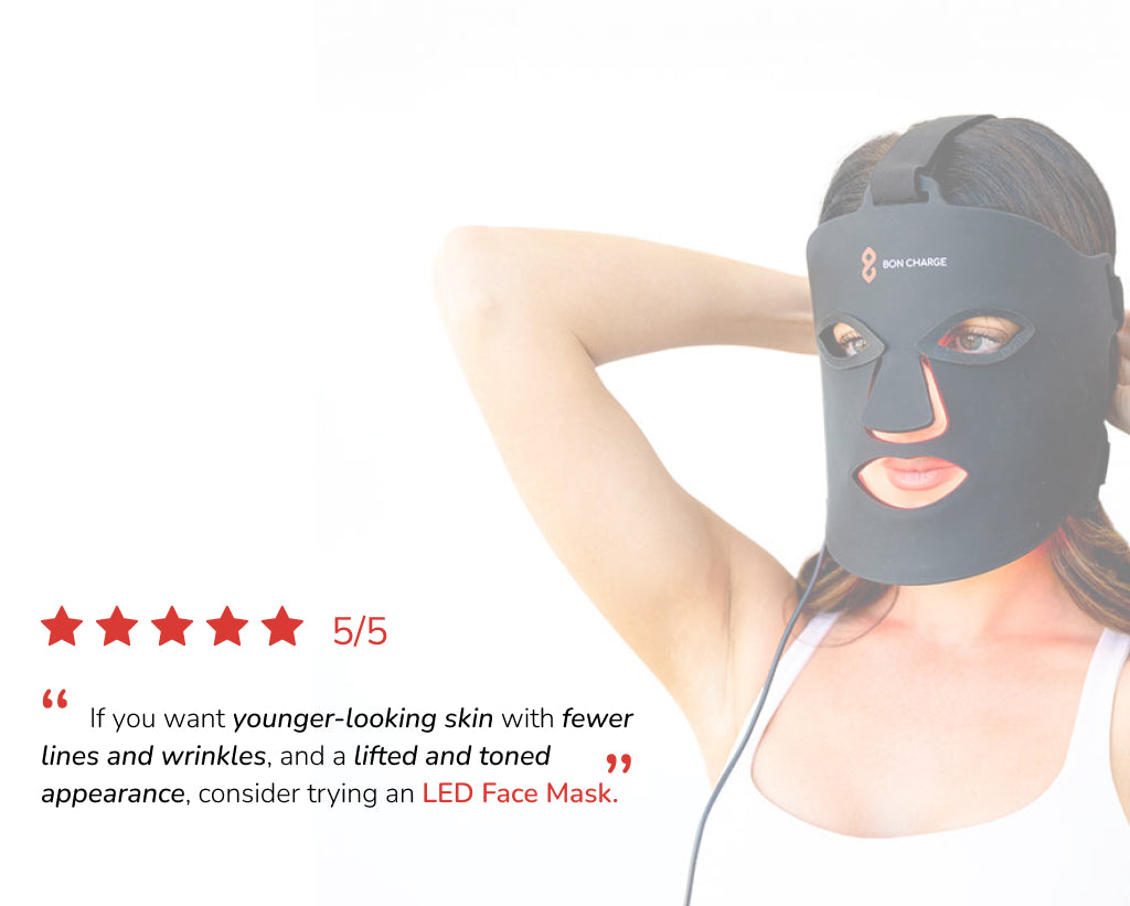 Woman In Red Light Face Mask With 5 Star Review