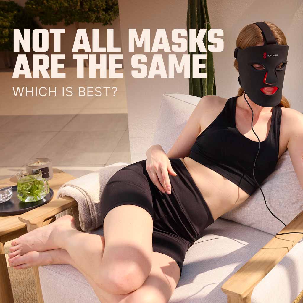 Woman Lounging On Chair Wearing Red Light Face Mask