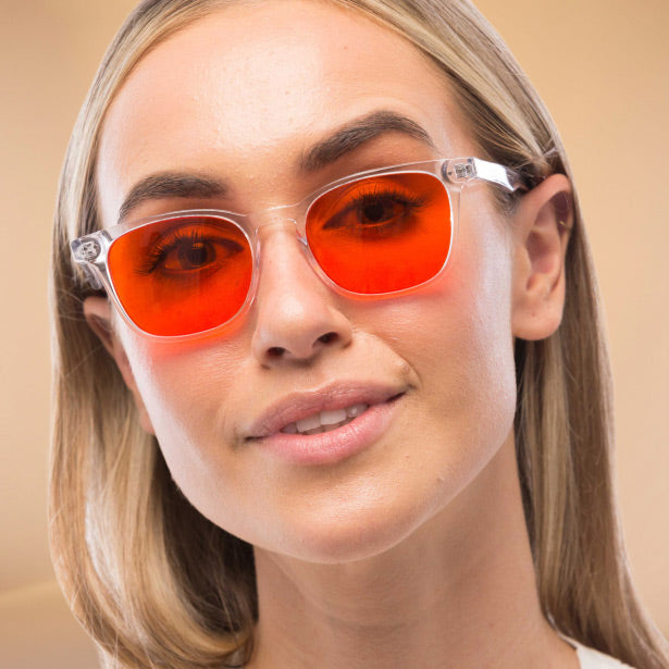 Woman Wearing A Pair Of Crystal Blue Light Blocking Glasses